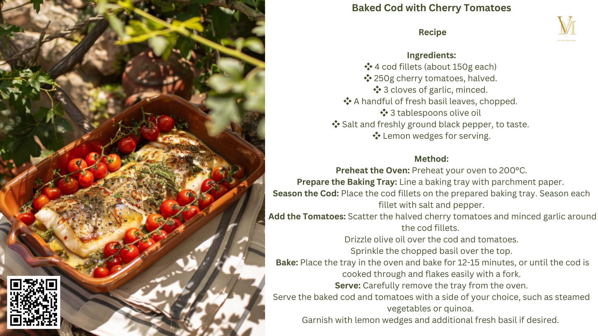 Baked Cod with Cherry Tomatoes: 11th NFT in Mediterranean Delights Book Collection https://www.vmtcoin.com